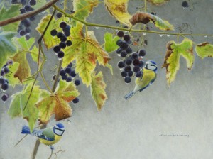 Schilderij pimpelmezen en druiven