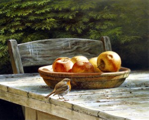 Schilderij Roodborst en appels